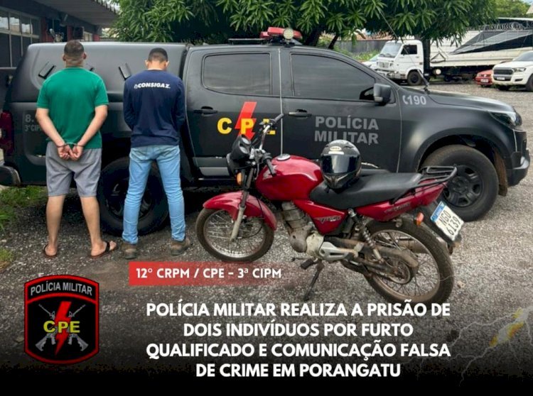 POLÍCIA MILITAR CPE REALIZA A PRISÃO DE DOIS INDIVÍDUOS POR FURTO QUALIFICADO E COMUNICAÇÃO FALSA DE CRIME EM PORANGATU